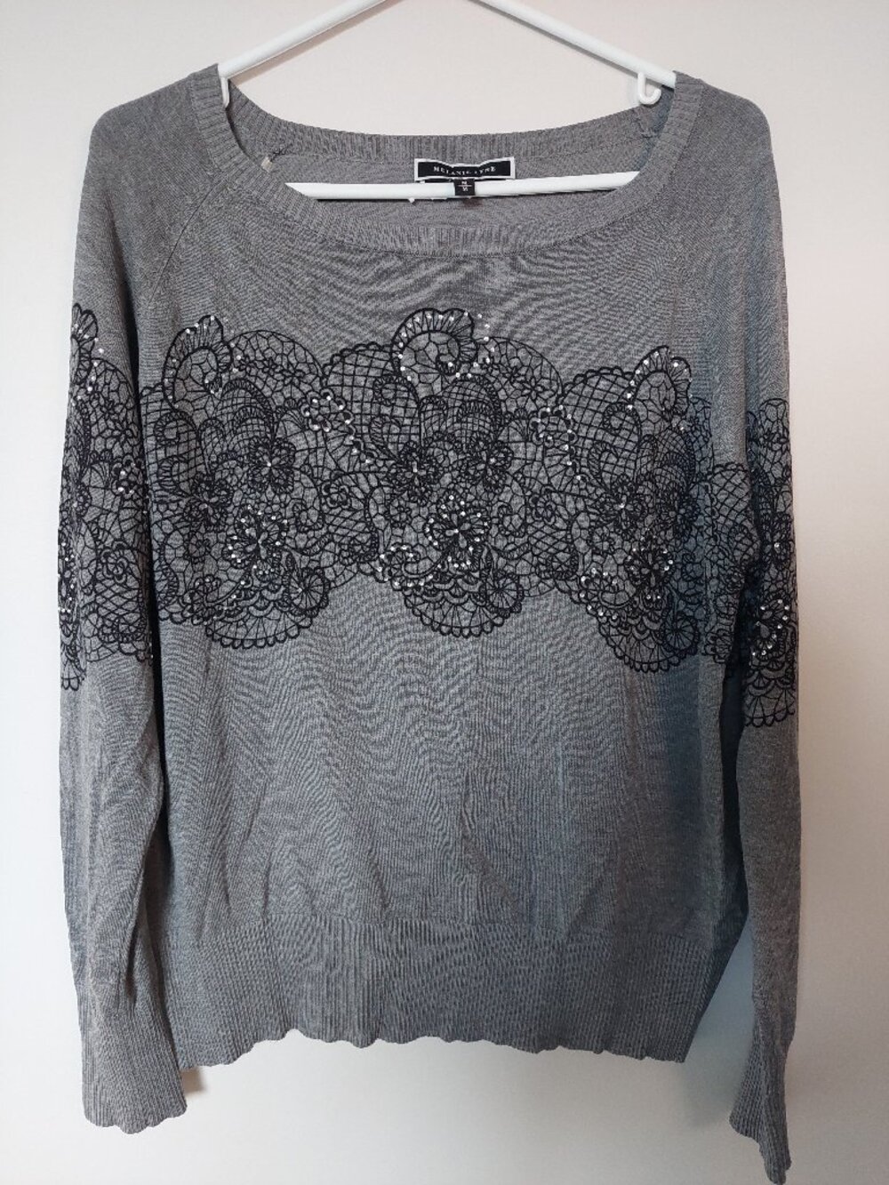 Melanie Lyne Women's M Lace Sequin Rhinestone Gray Knit Pullover Sweater